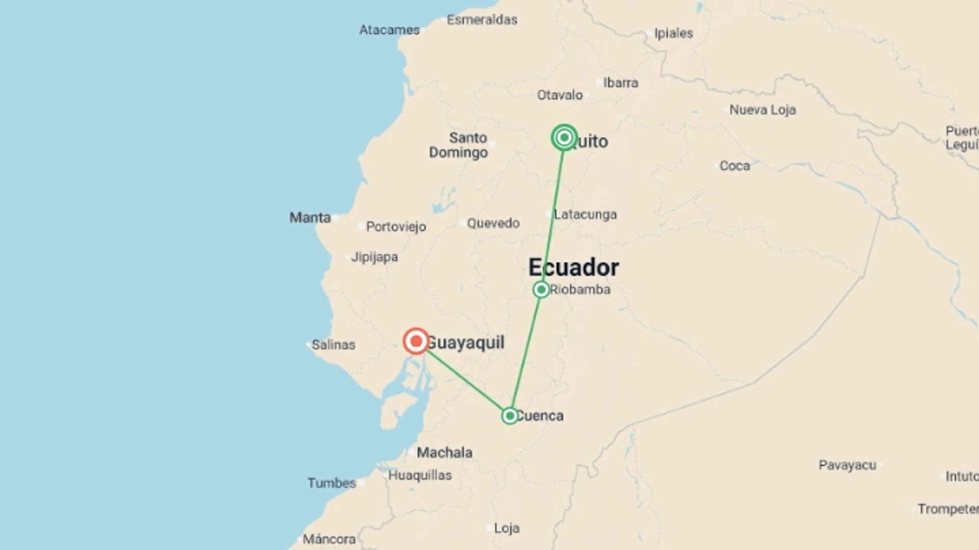 A map showing the tour itinerary for the trip: 5-day Quito & Volcanoes Avenue: Quilotoa, Ingapirca, Cuenca, Guayaquil, starting in Quito, Ecuador and ending in Guayaquil, Ecuador going through 2 other destinations.