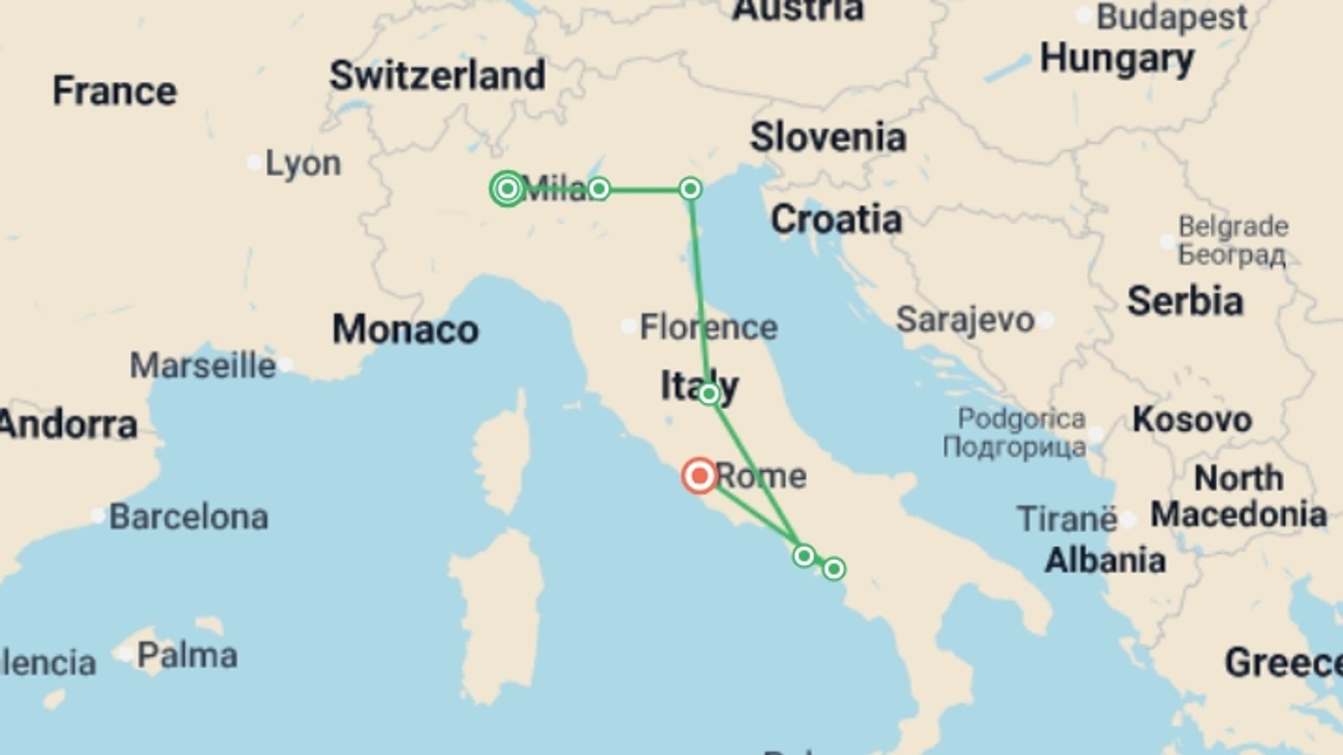 A map showing the tour itinerary for the trip: All About Italy, starting in Milan, Italy and ending in Rome, Italy going through 5 other destinations.