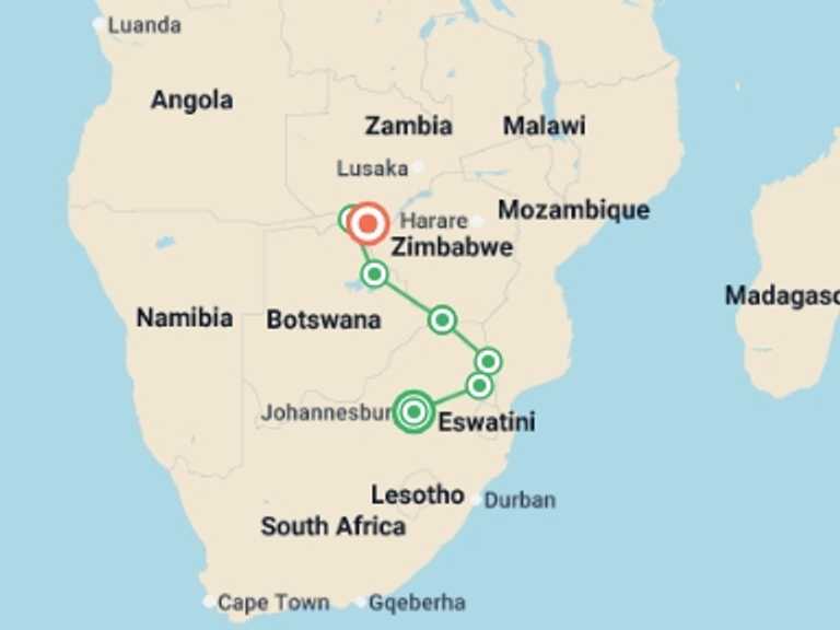 Map of 12-Day Johannesburg Tour with 7 destination visits for the trip: Joburg to Victoria Falls - 12 Days