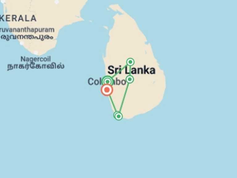 Map of Sri Lanka Tour with 6 destination visits for the trip: Simply Sri Lanka