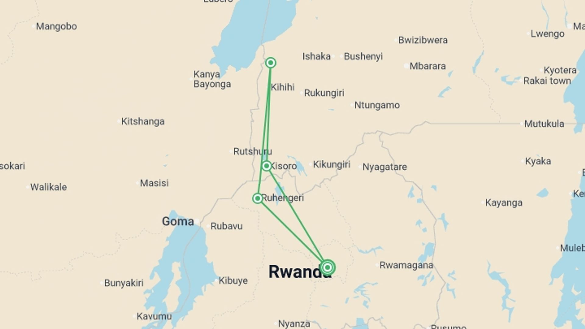 A map showing the tour itinerary for the trip: Remarkable Rwanda & Gorillas of Uganda, starting in Kigali, Rwanda and ending in Kigali, Rwanda going through 3 other destinations.