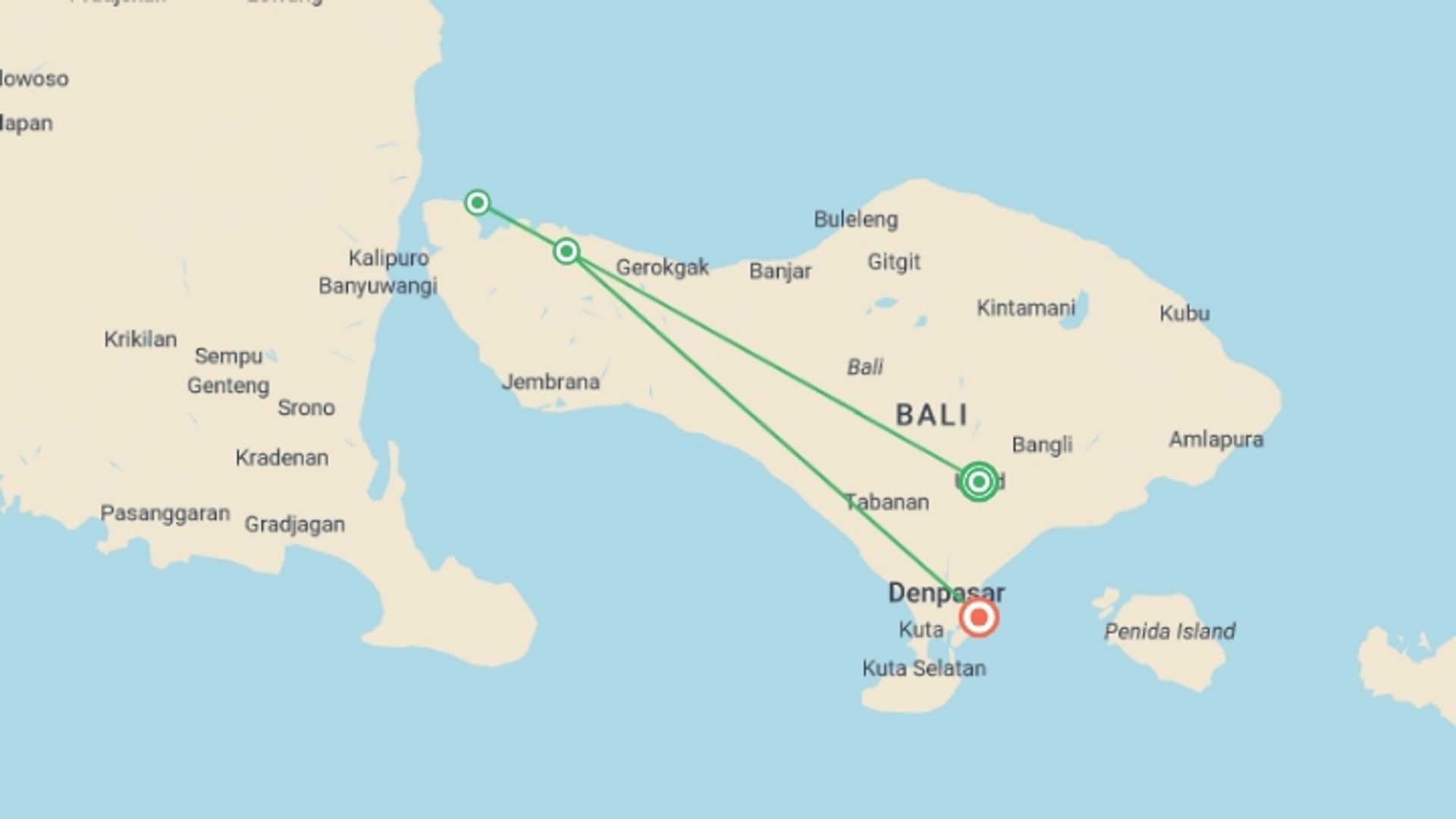 A map showing the tour itinerary for the trip: Wellness Bali, starting in Ubud, Indonesia and ending in Sanur, Indonesia going through 1 other destinations.