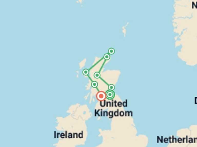 Map itinerary of Europe Tour in April 2027 with 8 destination visits for the trip: Scotland's Highlands, Islands and Cities - Signature
