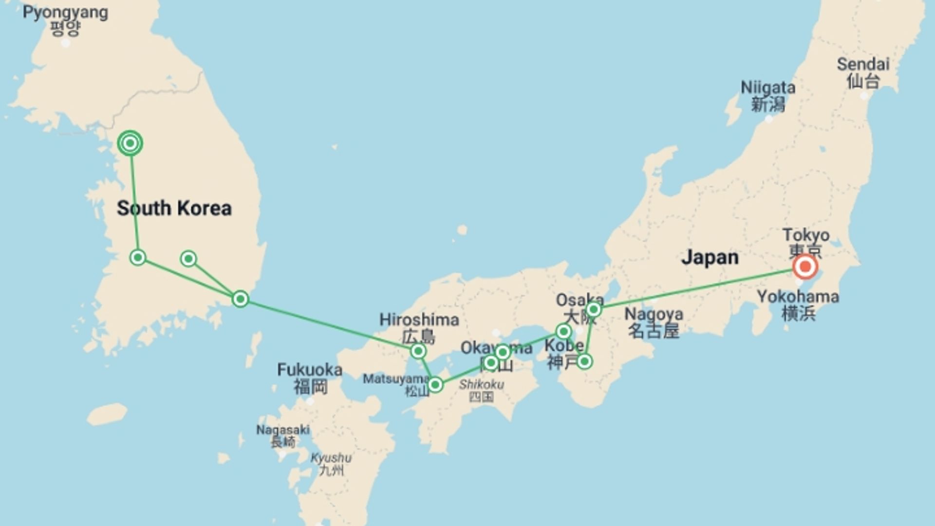 A map showing the tour itinerary for the trip: Highlights Of Korea and Japan, starting in Seoul, South Korea and ending in Tokyo, Japan going through 7 other destinations.