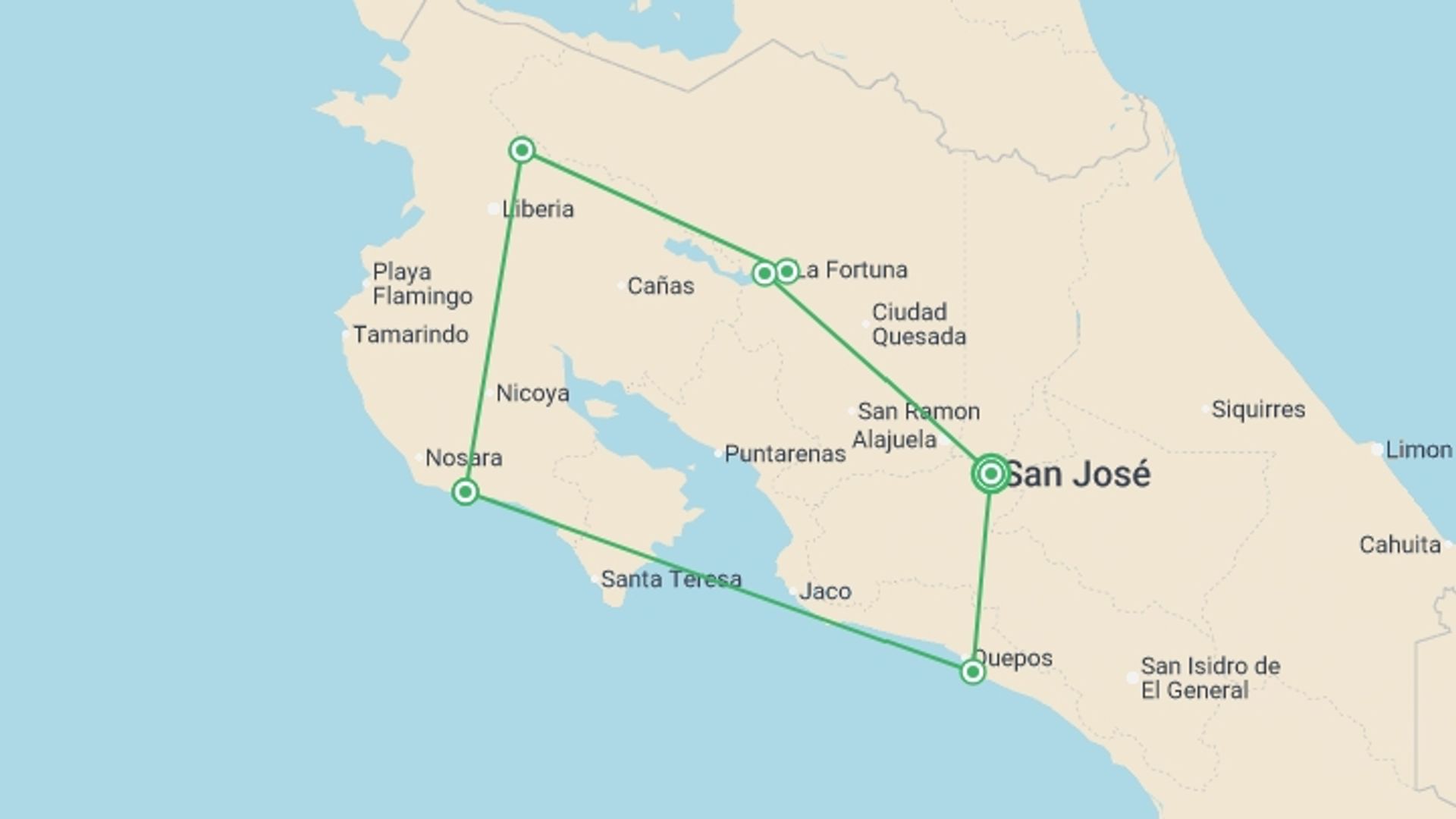 A map showing the tour itinerary for the trip: Costa Rica Adventure, starting in San Jose, Costa Rica and ending in San Jose, Costa Rica going through 6 other destinations.