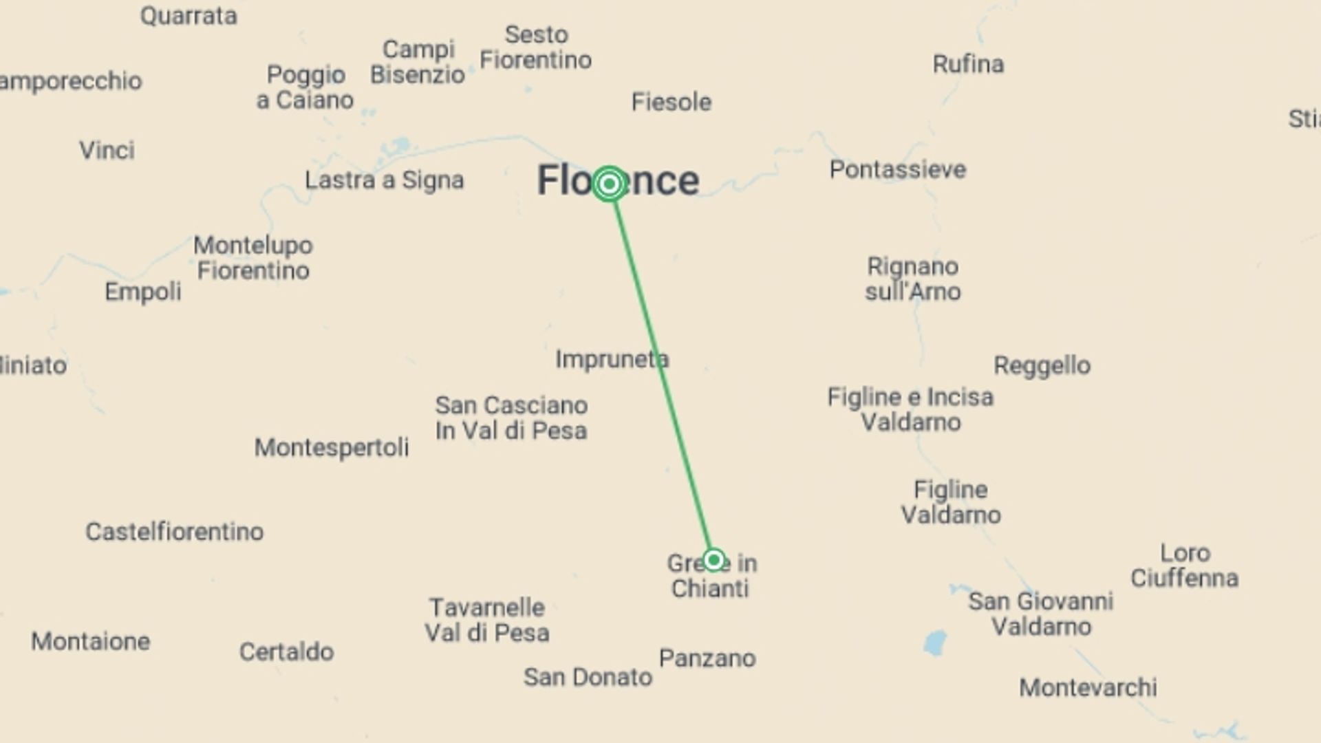 A map showing the tour itinerary for the trip: Tuscany Delights: Wine, Pasta & Chianti Vineyards, starting in undefined, Italy and ending in undefined, Italy going through 0 other destinations.
