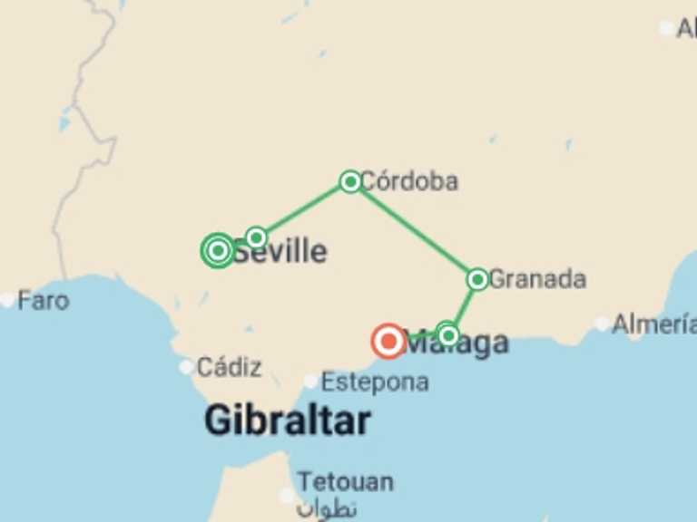 Map itinerary of Mediterranean Tour in May 2026 with 4 destination visits for the trip: Route of the Andalusian Sun