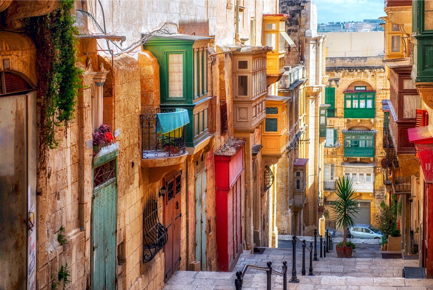 Traditional colorful alleyways of Valletta in Malta.  