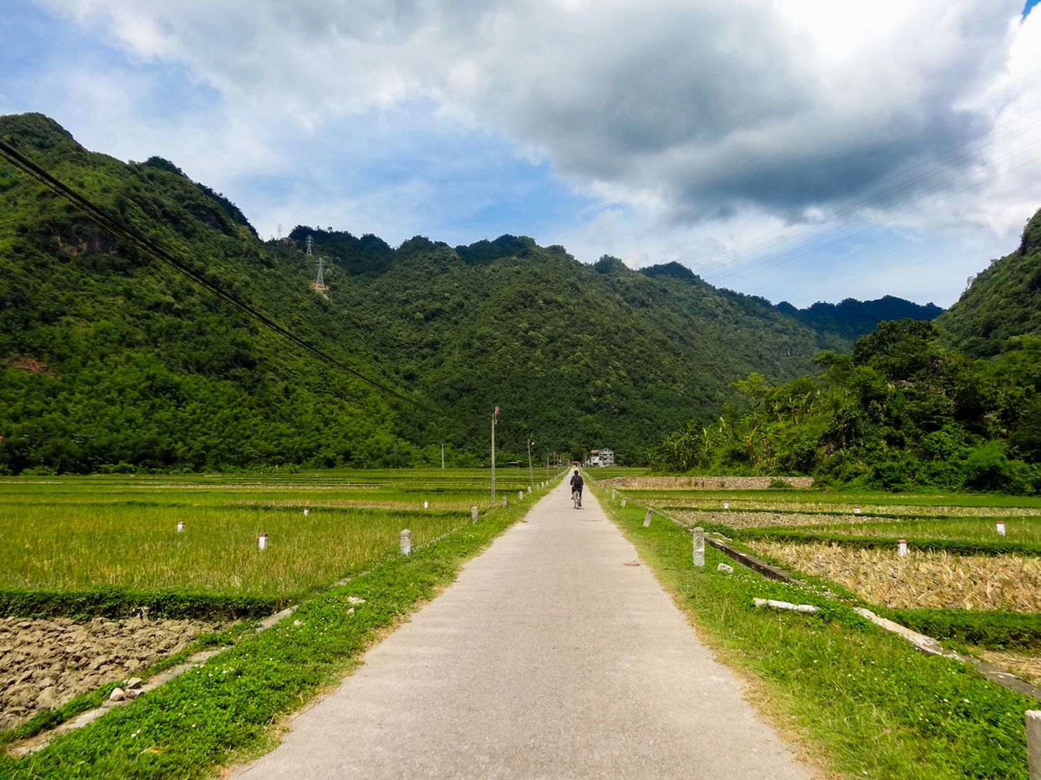 A man walking on the road at Mai Chau with green fields on each side and hills in the distance. 