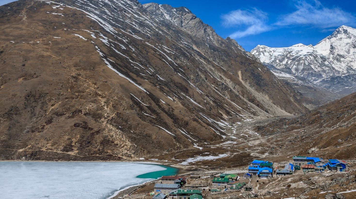 Frozen Gokyo Lake with snowcapped mountains in the distance. 