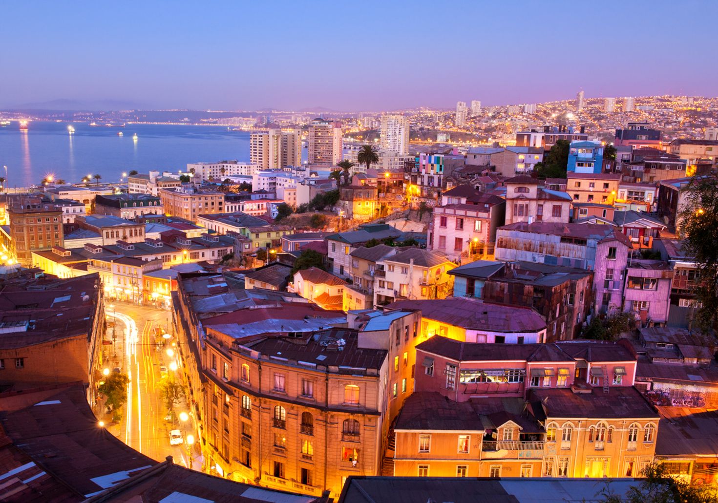 Valaparaiso city during sunset in Chile.