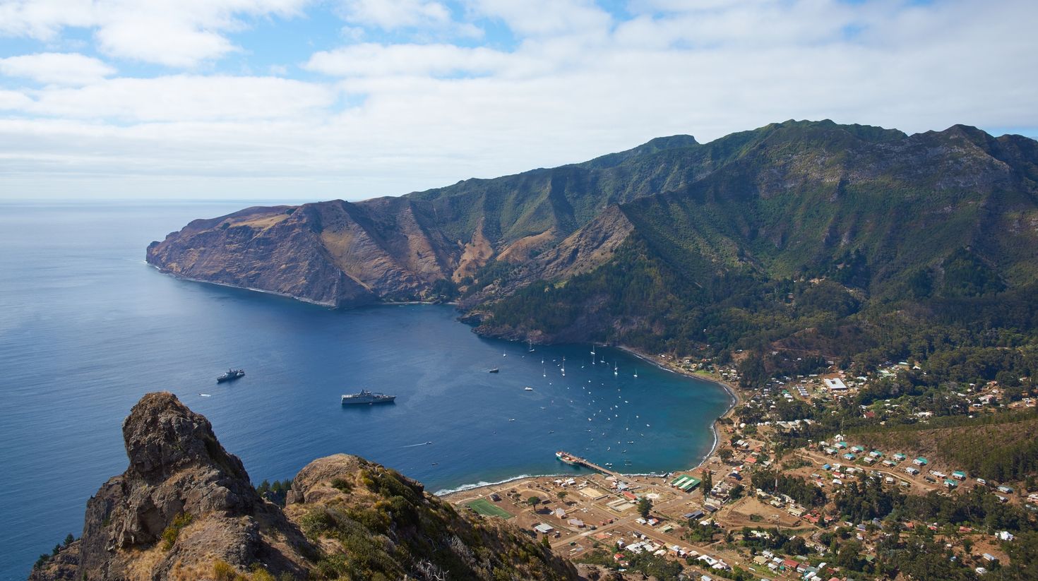 Panoramic view of Cumberland Bay in Robinson Crusoe Island in Chile.