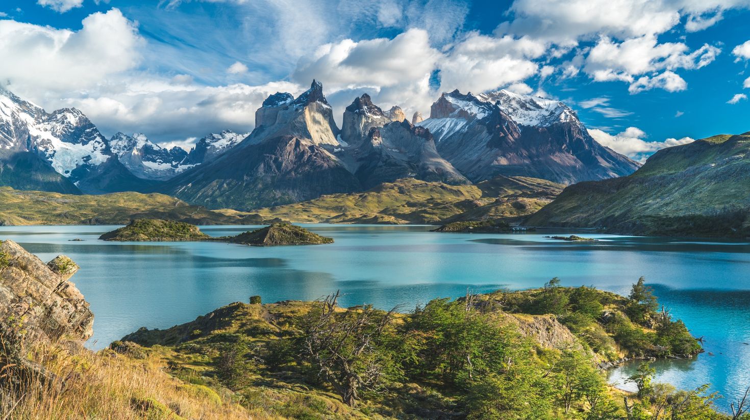 The Torres del Paine with lake and mountains in the background in Chile.