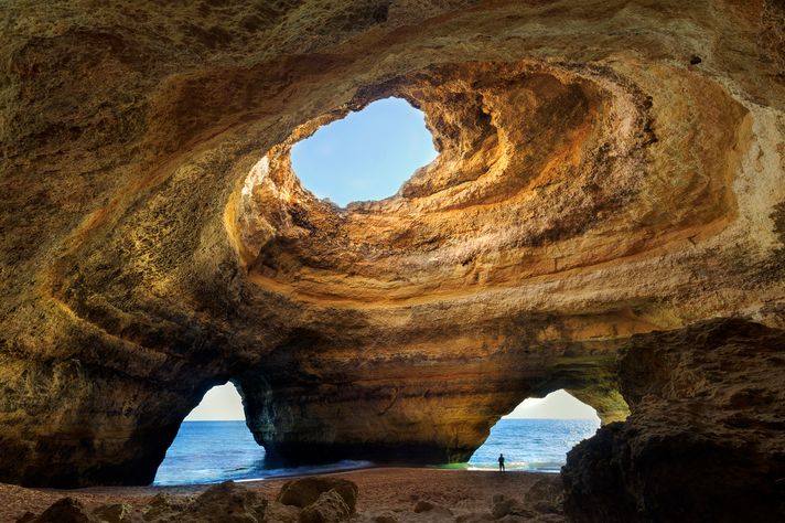A cave in Benagil in Algarve Coast overlooking the sea. 