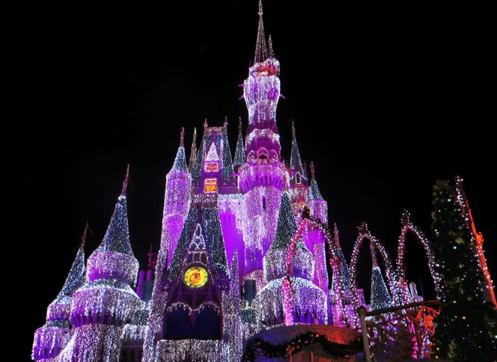 An illuminated Disney castle at night in Disney land, Florida. 