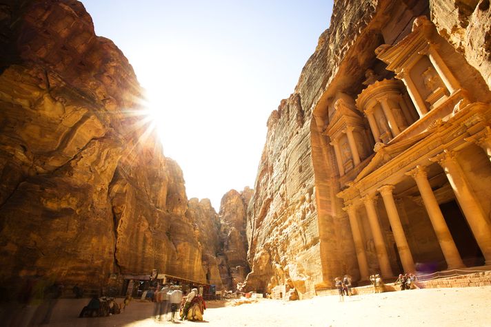 The treasury at ancient city of Petra in Jordan on a sunny day. 