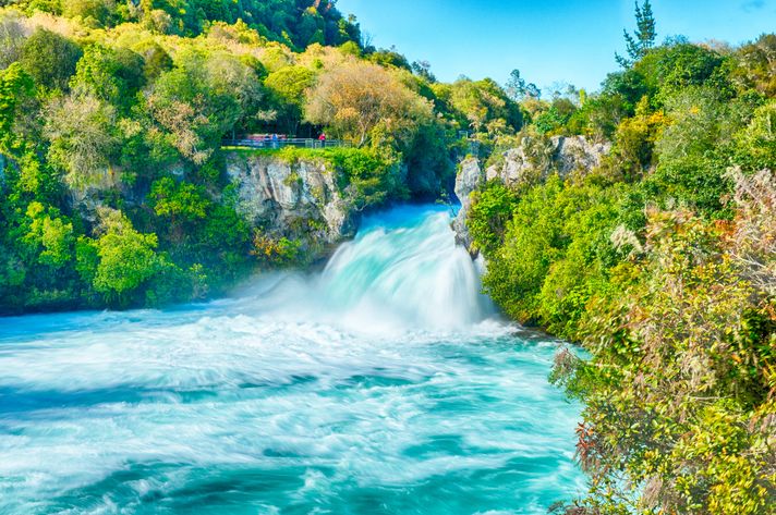 Clear blue water fall of Huka Falls with greenery all around in New Zealand. 