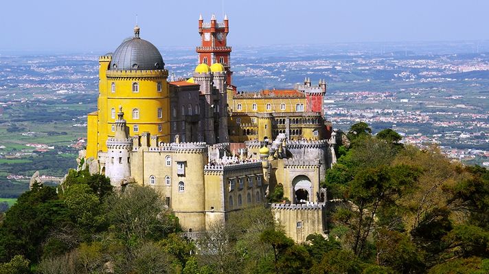 The Pena Palace in Portugal on a clear sunny day. 
