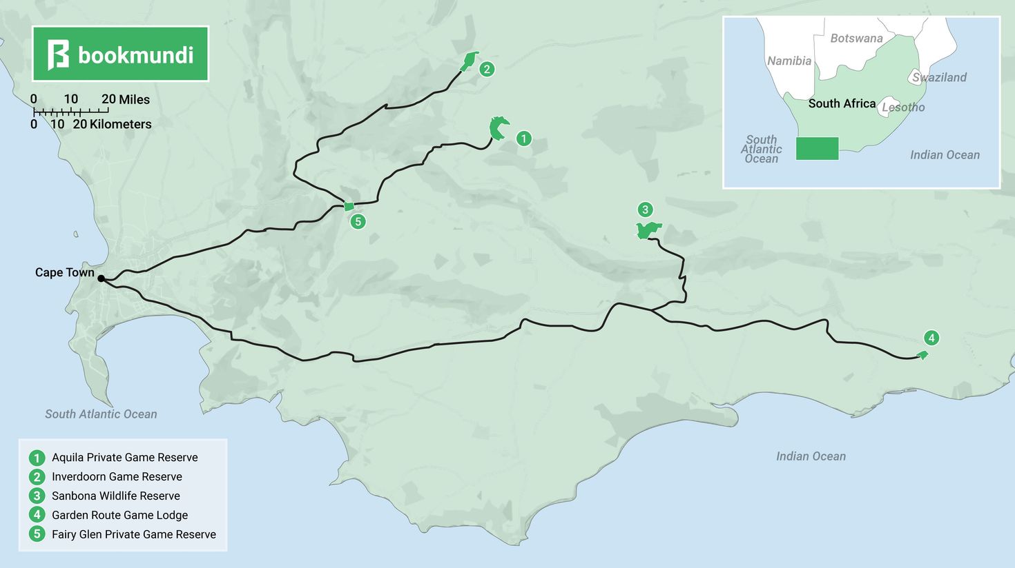 A map showing wildlife reserves and safaris near Cape Town.