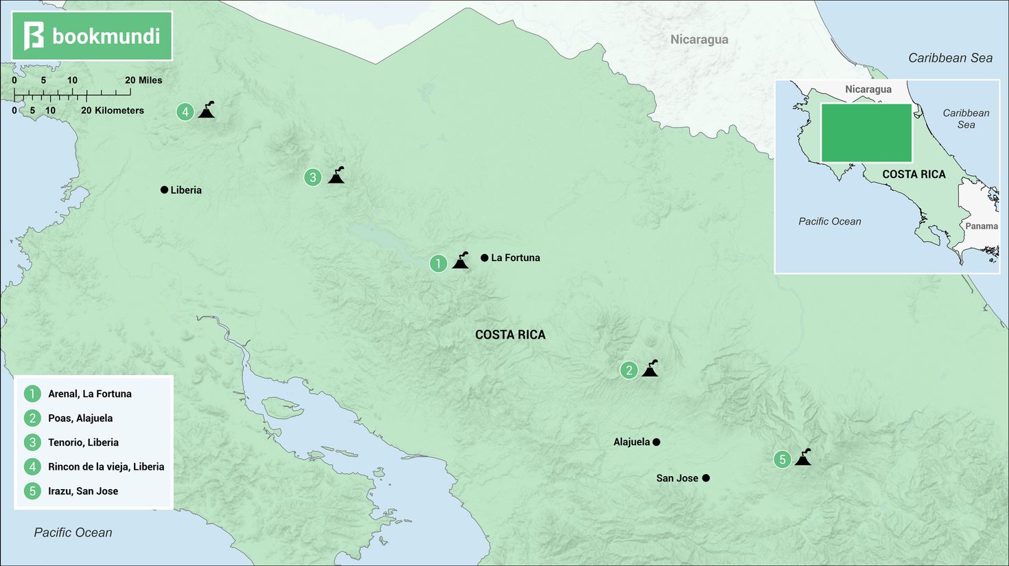 Map shows the location of the most popular volcanos to visit in Costa Rica Volcanos in Costa Rica map