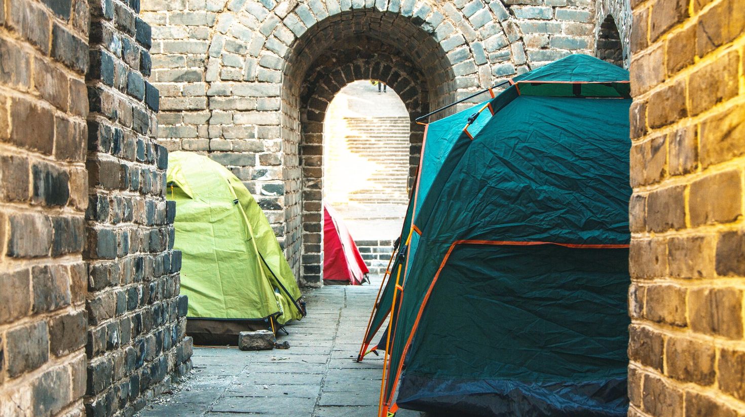 Tents of various colors put up at the Great Wall of China