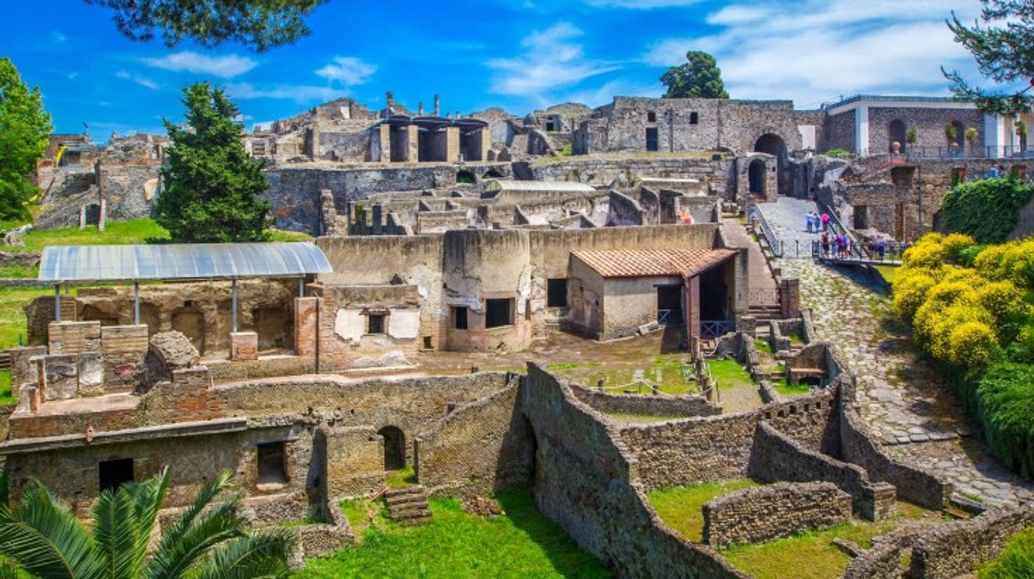 Panoramic view of Pompeii city on a clear day in Italy.