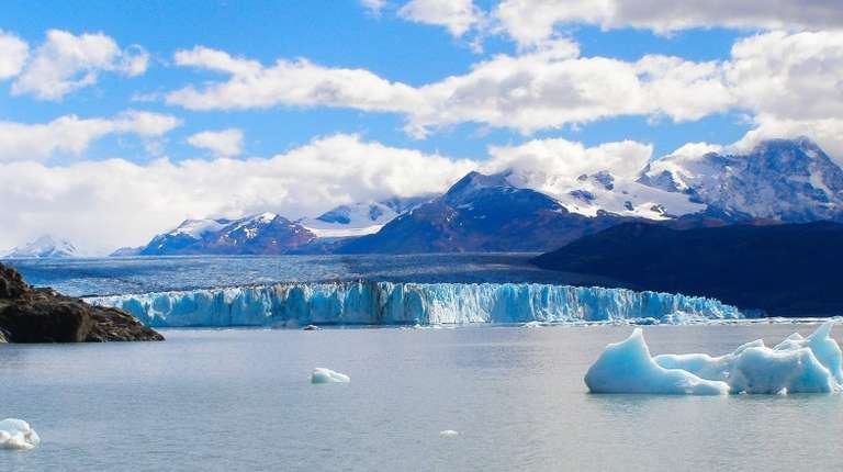 The panoramic view of Upasala Glacier on a sunny day in Argentina.
