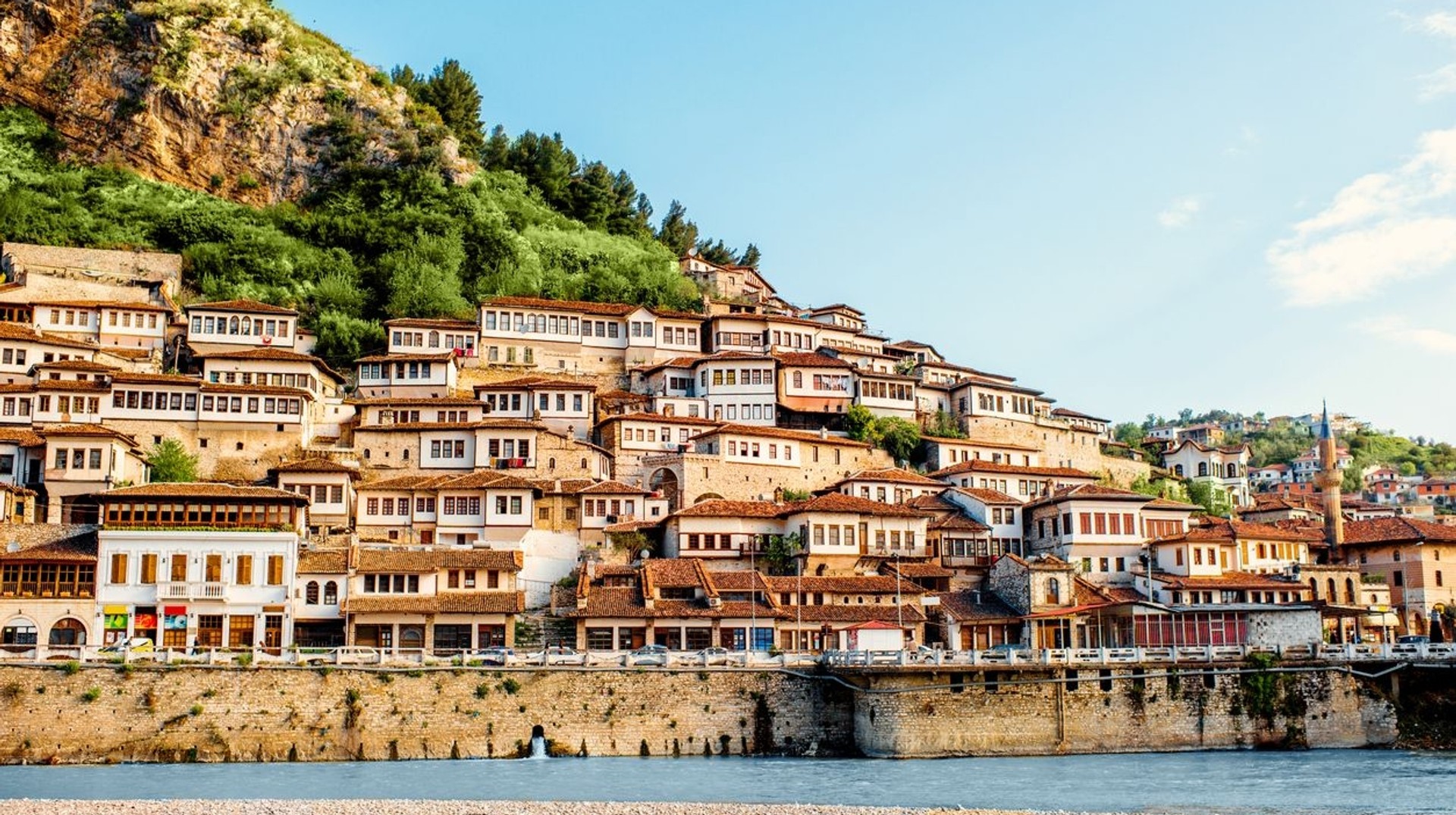 The iconic white Ottoman houses on the hill is a popular sight in Berat. Iconic white houses of Berat is a must-see during 10 days in Albania