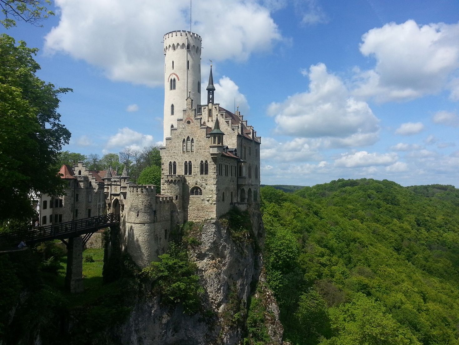 Lichtenstein castle sits atop a rugged cliff on the Albsteig hiking trail