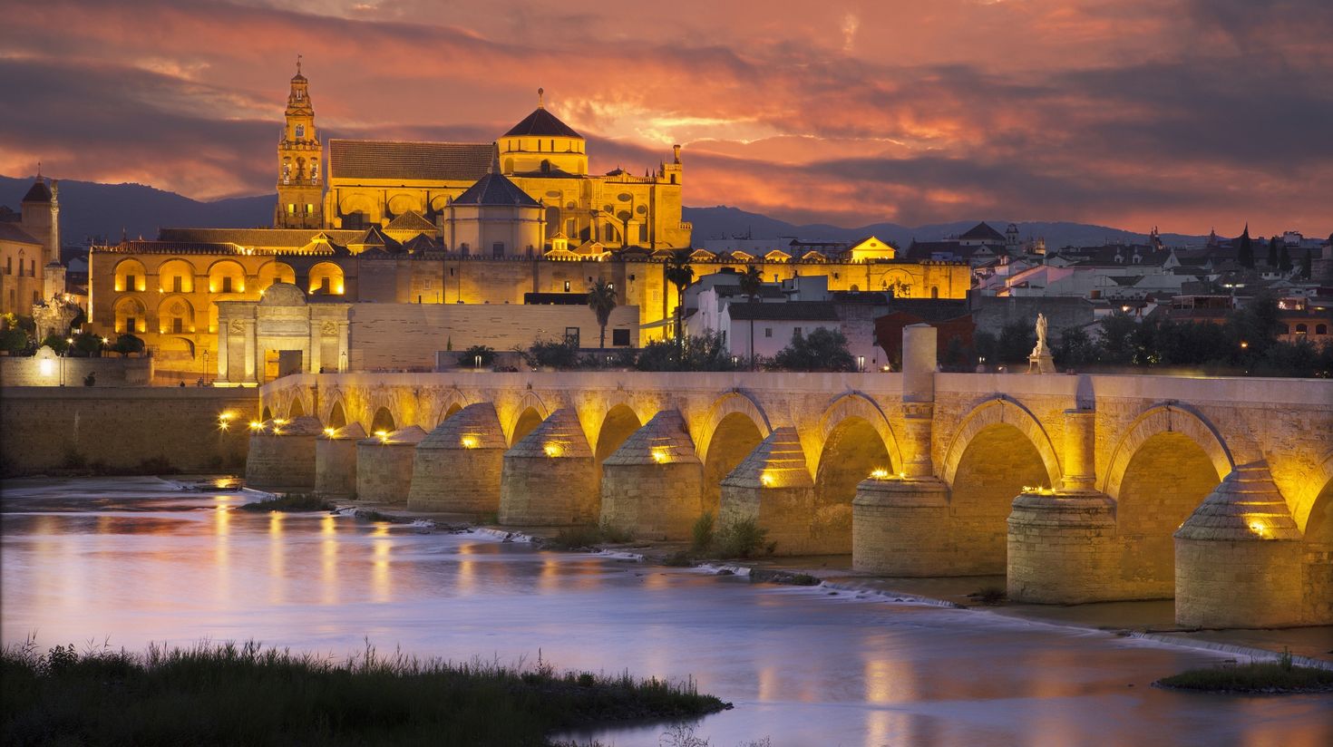 Cordoba   The Roman bridge and gate with the Cathedral in the background at
