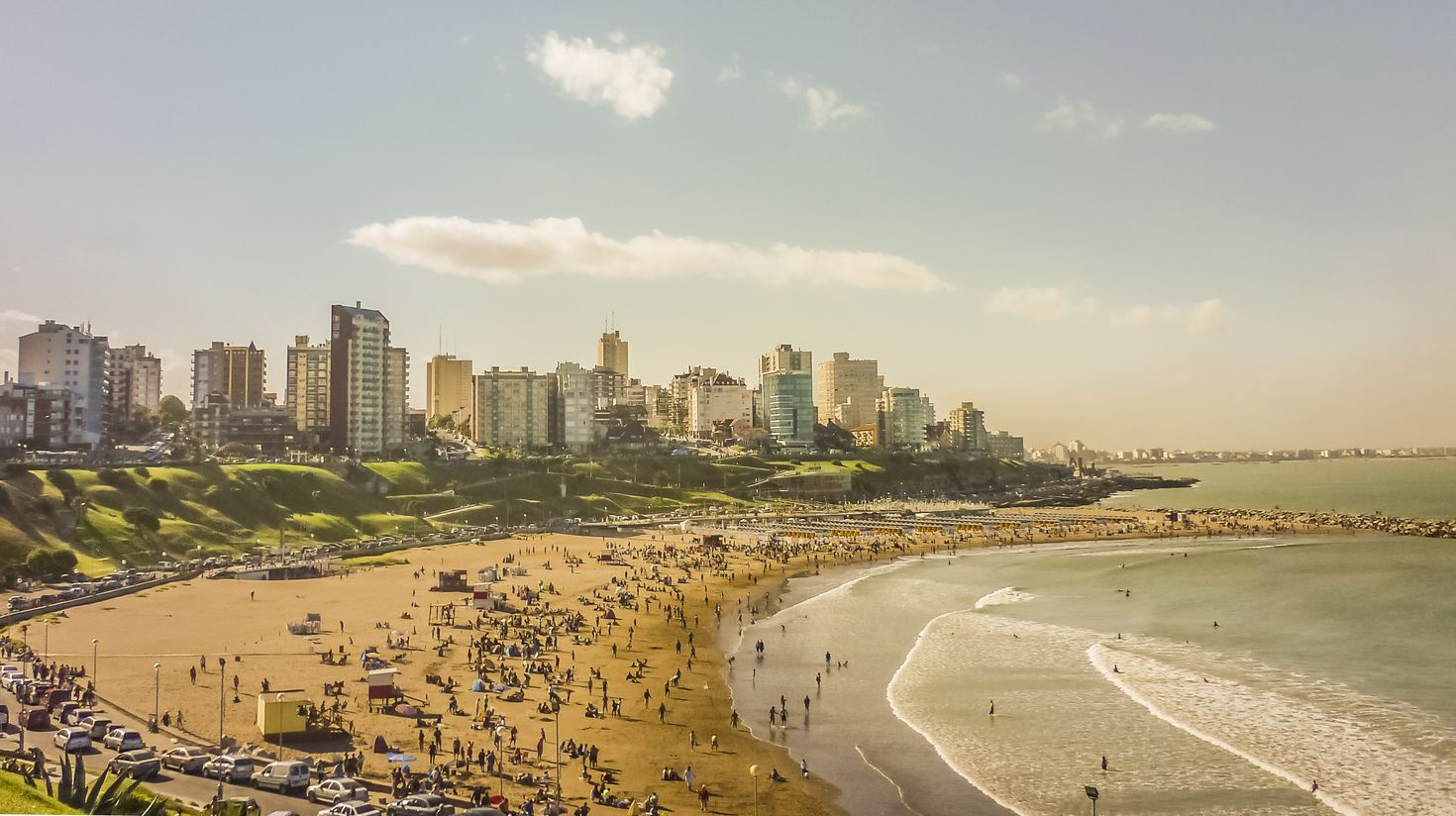 Aerial view of crowded beach in the city of Mar del Plata, the most famous