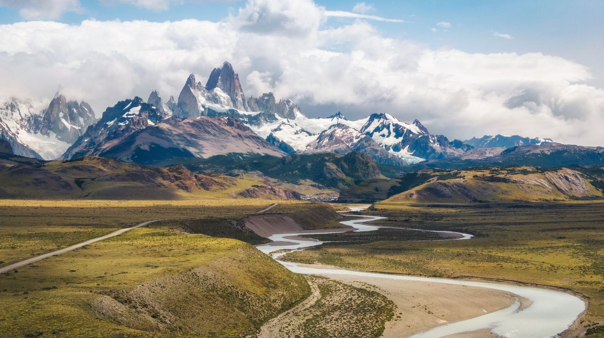 Aerial view of Mount Fitz Roy on a cloudy day in Argentina in July.