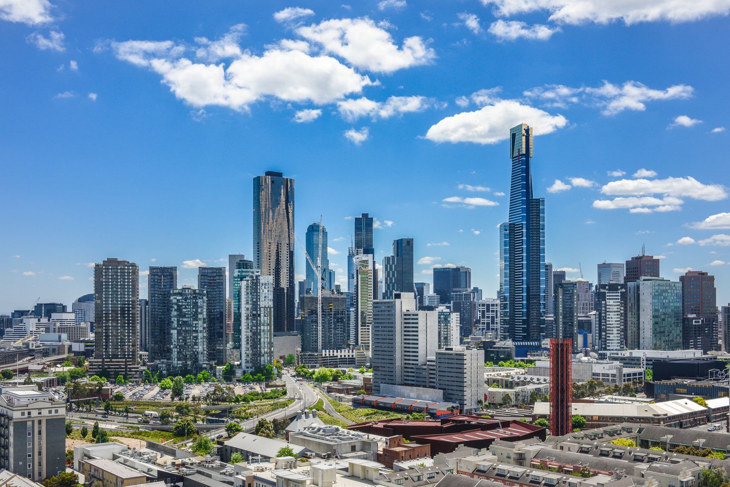 View of Melbourne cityscape on a bright sunny day in Australia