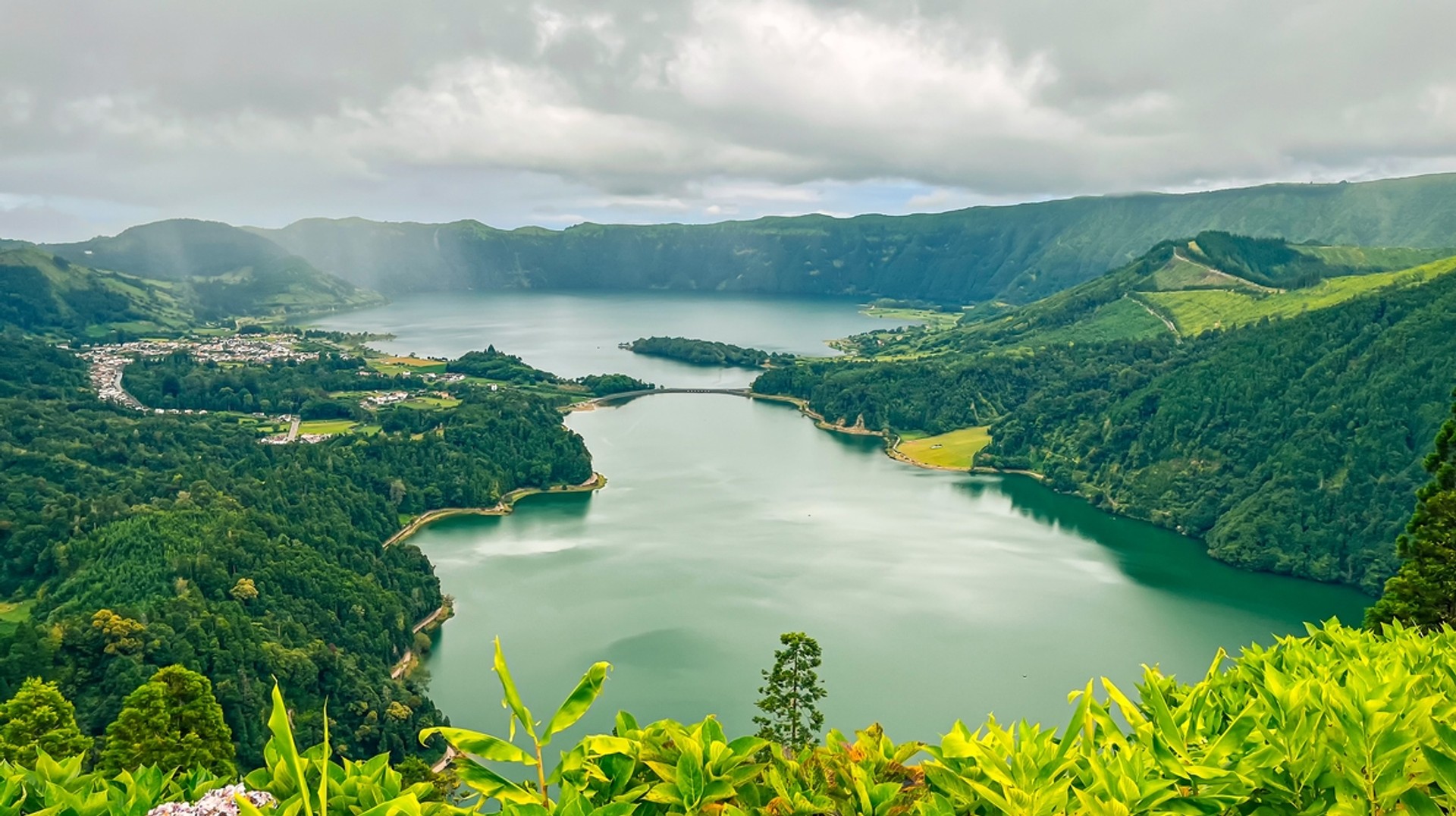 Sete Citades is one of the most iconic sites in the Azores Islands. The lush valley & twin lakes on Sao Miguel, Azores on a rainy January day