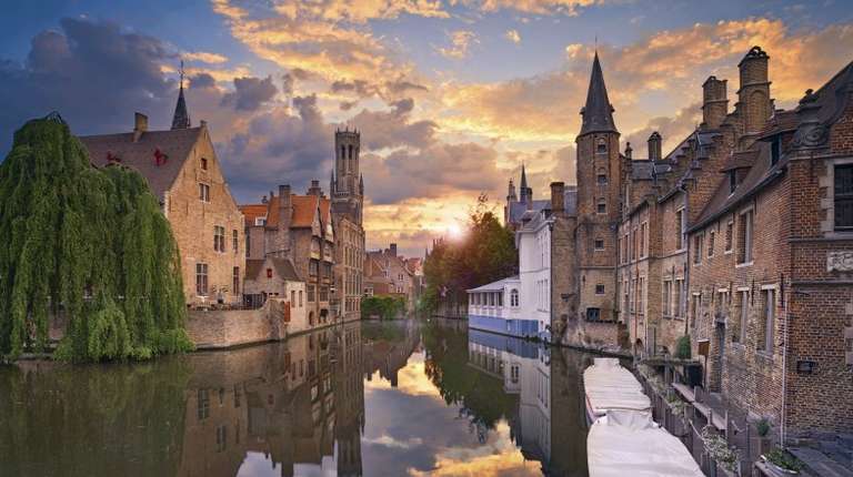 The view of Burges at dusk in Belgium in November.