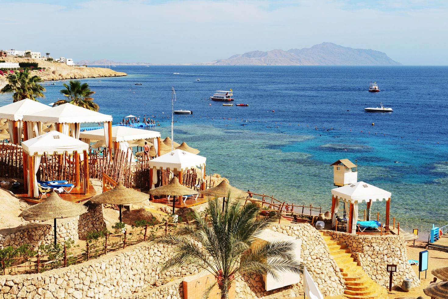 The Sharm el Sheikh overlooking the Red Sea with hills in the background. 