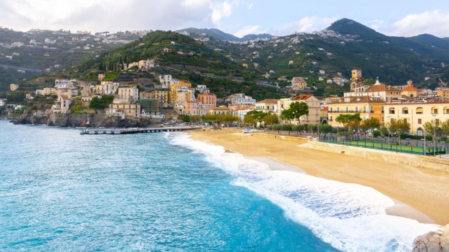 The view of Minori Beach with the village on a clear day.