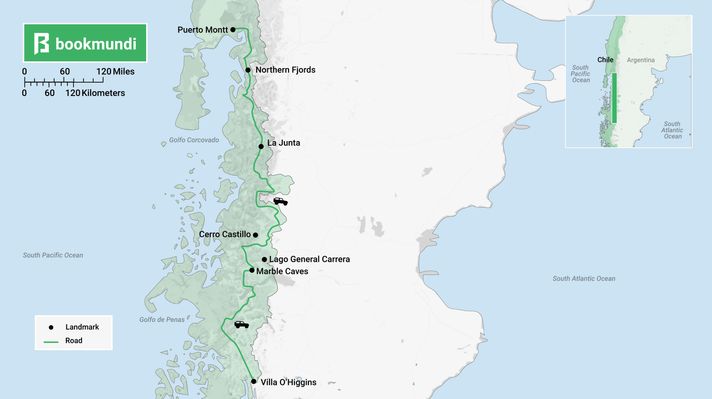 An overview map of the biking trail in Carretera Austral.