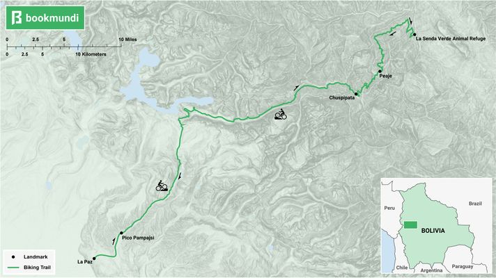 An overview map of the biking trail in the Death Road, Bolivia.