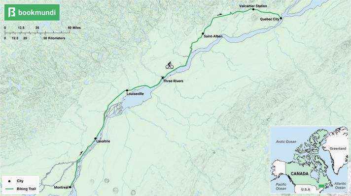 An overview map of the biking trail in La Route Verte, Canada.