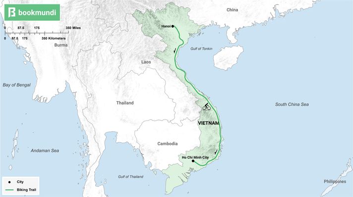 An overview map of the biking trail in the National Highway 1, Vietnam.