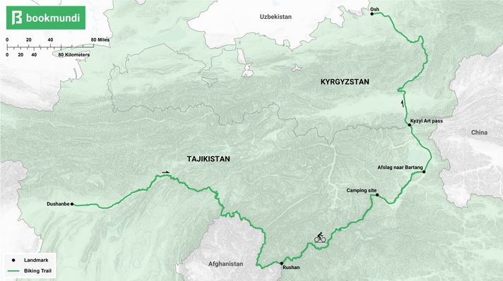 An overview map of the biking trail in The Pamir Highway.