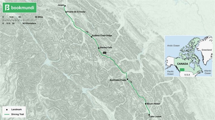 An overview map of Icefields Parkway road trip in Canada Icefields Parkway Canada map