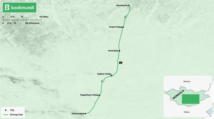 An overview map of the Gobi Desert road trip Gobi Desert road trip map