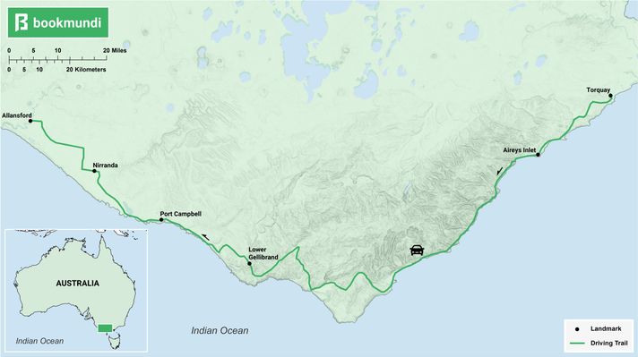 An overview map of the Great Ocean Road trip Great Ocean road trip map