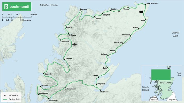 An overview map of North Coast 500 road trip North Coast 500 road trip map