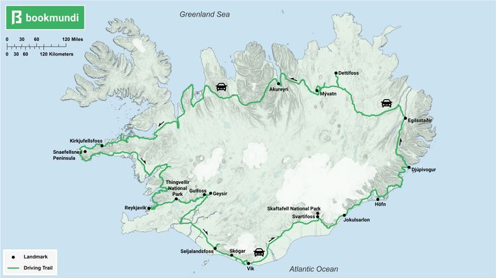 An overview map of the Ring Road road trip in Iceland Ring Road trip map