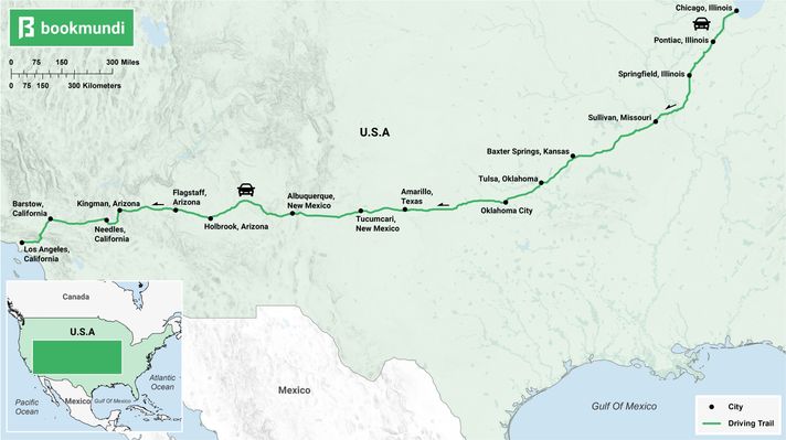 An overview map of US Route 66 road trip US Route 66 road trip map
