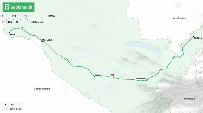 An overview map of Silk Road road trip in Uzbekistan Silk Road road trip map