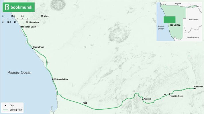 An overview map of the Skeleton Coast road trip Skeleton Coast road trip map